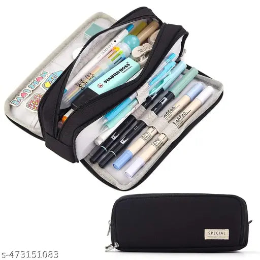 Polyester Large Capacity Pencil Box For Girls & Boys, 3 Compartments Pen & Pencil Pouches, Aesthetic Stationery Pouch For School Kids College Students, Cute Stationary King (1ps/Black)
