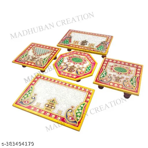 Floral Art Design Marble Pooja Chowki for God | Handcrafted Marble Chowki for Puja Home Mandir, Idols Sitting, Pratima Murti (Pack of 5, Size: 4" x 6" Inch)