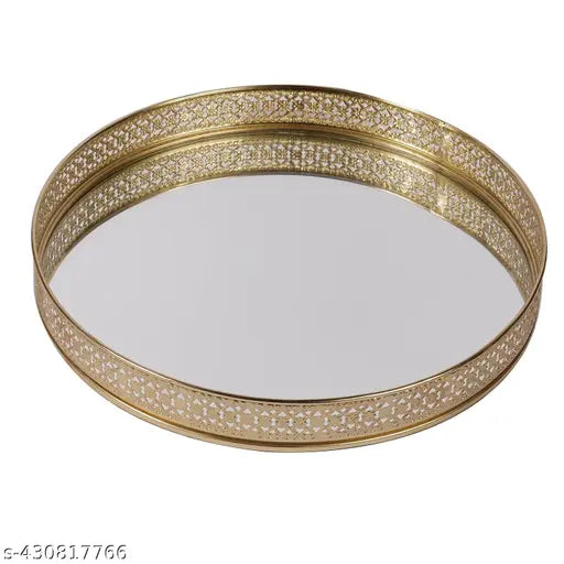 10 inches Dia Gold Plated Round Decorative Glass Mirror Tray for Weeding and Pooja | Diwali Decoration (10 X 10 X 2 Inches)
