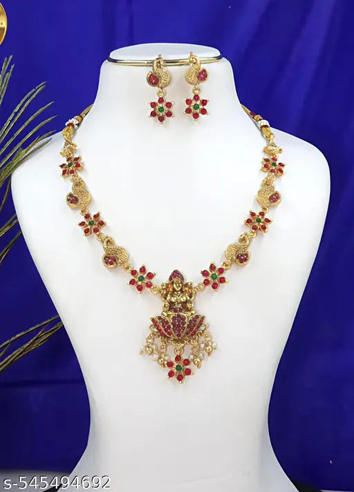 Premium Matte Temple Necklace Set with Lakshmi Pendant & Ruby Green Stones