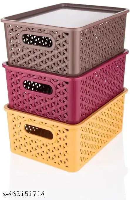Plastic storage baskets with lid for organizing || Home storage basket set with lid || Kitchen, office, and bedroom storage baskets || Storage basket set with lid (3 pcs) ||