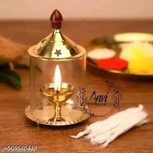 pure brass traditional akhand diya with borosilicate glass cover/ oil lamp/ puja deepam/ table deepak 4.9 inch hight golden