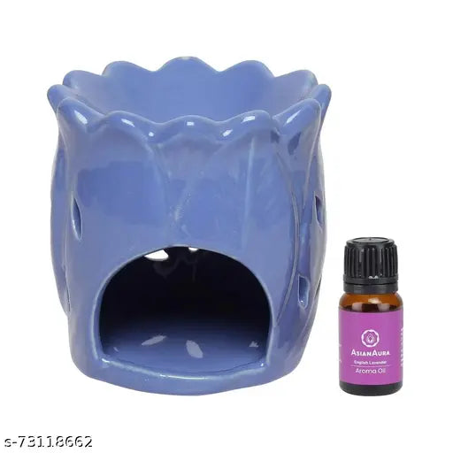 Ceramic Aroma Burner T-Light Candle Purple Diffuser Lotus Shape for Home with 1 Tea Light Candle and 1 Aroma Oils- English Lavender 10ml