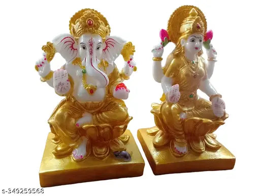 Marble Dust Laxmi Ganesh Statue For Home Decor 7 inch ( Gold )