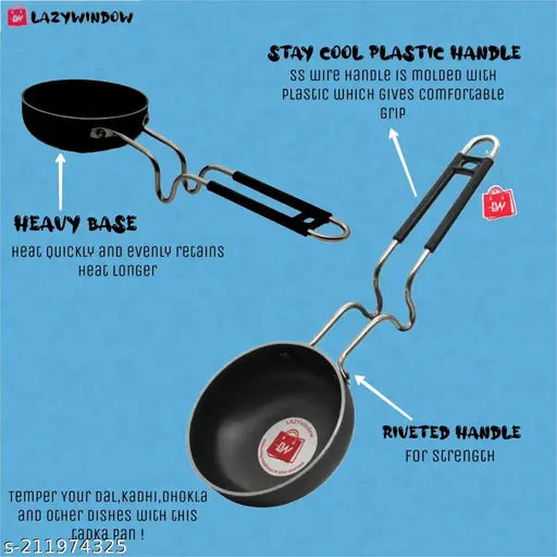 LAZYwindow Superior Iron Tadka Pan/Fry Pan/Pot & Pan with Stainless Steel Handle 12cm Diameter (Non-Coated) Black-S0529