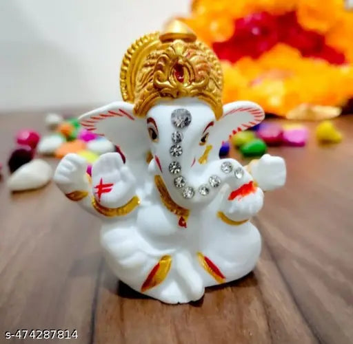 Ganesha Marble Diamond work Hand Crafted  Premium Idol Statue Showpiece for Car Dashboard Decoration Items for Home Decor Mandir Living Room Bedroom Pooja Room Office Table Decorative Gifts
