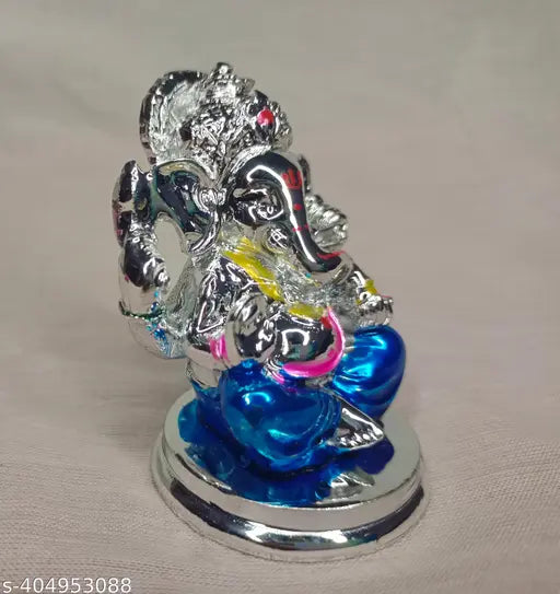 Silver Plated Finish Resin Ganesha with Blue Dhoti for Car Dashboard & Home Decro & Pooja Room, Lord Ganesha/Ganesa/Ganapati/Vinayakar/Pillayar Showpiece for Car Dashboard/Hindu Religious Ganesh figurine/Idol (Blue color dhoti)