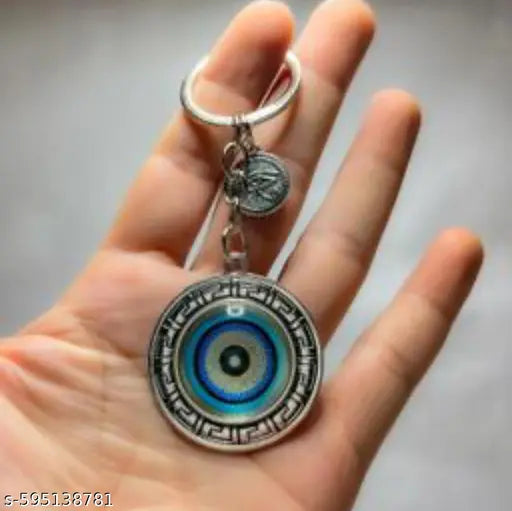 Blue and Silver Round Evil Eye Keychain for Bike/Car, Anti-Rust with Key Ring, Protective Symbol for Good Luck, Ideal for Gifting, Durable and Stylish