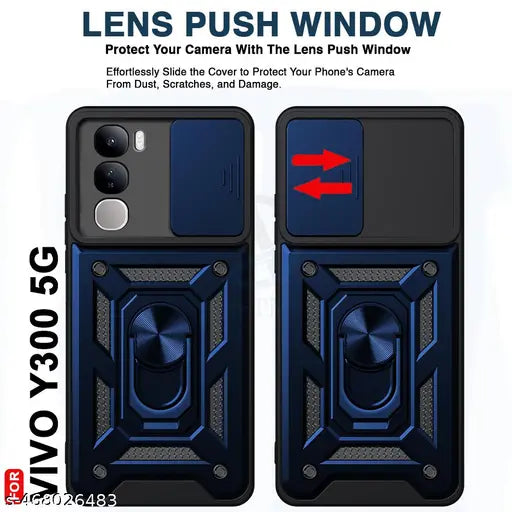 AESTMO Armor Vivo Y300 5G Bumper Back Case Cover | Ring Holder & Sliding Camera Shield Cover | 360 Degree Protection Back Case Cover for Vivo Y300 5G (Blue)