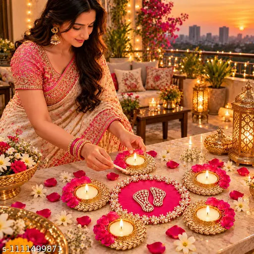 Brass Floral Rangoli with Diyas & Charan Paduka | Diwali Home Decor