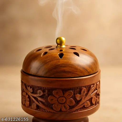 Wooden Effarts™ Royal Wooden Carved Incense Burner Box | Handmade Floral Design Agarbatti Holder with Ventilated Lid | Luxury Aroma Stand for Puja Room, Yoga & Gifting Purpose