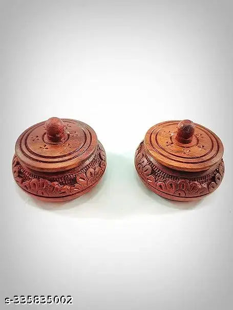 National Wood Enterprises Handmade Wooden Sindur Box Kumkum Box Shringar Box Sindoor Dabbi with Baric Carving Pack of 2 (Brown, Size 2.5 Inch)