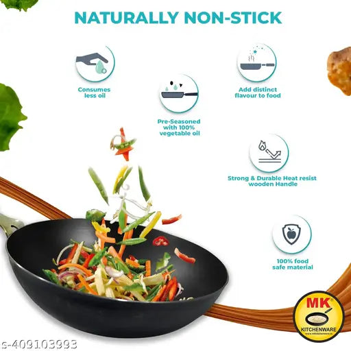 Iron wok wooden Handle/Tadka pan 9 Inch/23 CM Pure Iron, Without Coating Toxic Free