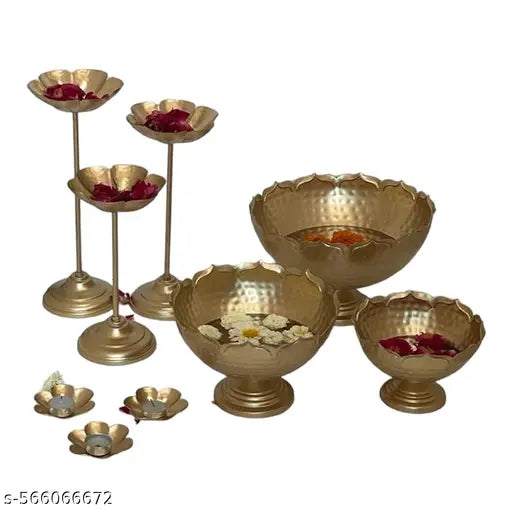 SAIRA TRADERS Metal Taj Bowl Hammered Urli and Candle Stand with Floating Diya | Urli Bowl for Home and Festival Decoration Urli (Set of 9 Pieces) (Colour-Gold).