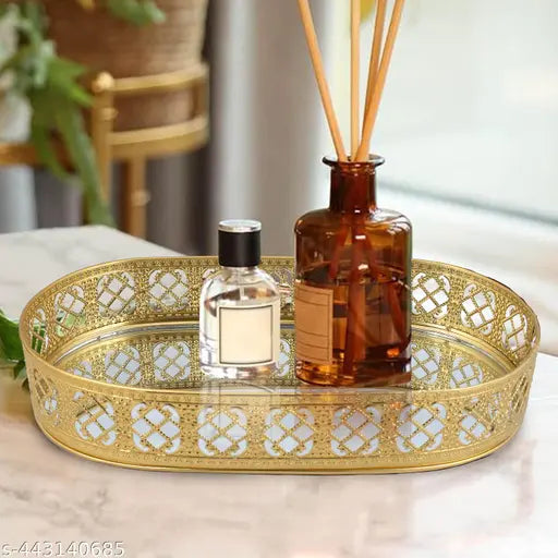 Oval Glass Mirror Gold Plated Serving Tray Decorative Diwali Gifting Vanity Perfume Storage Pooja Wedding Gifting Trays