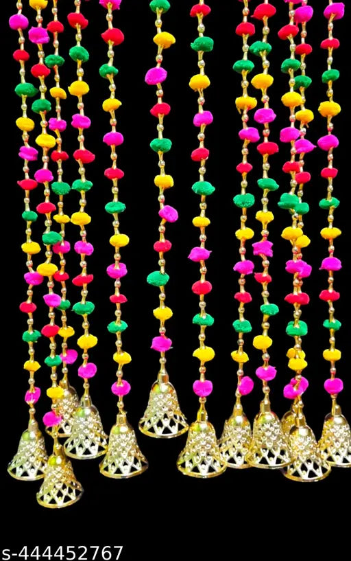 Handmade Wall Door Multicolor Pom Pom String with Golden Beads, Big Bell Hanging Torans Garland Bandhwar Decoration Item for Home Décor Diwali Festival, Navratri, (5 FT)