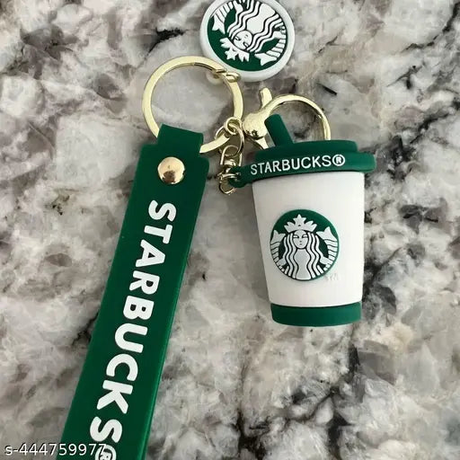 High-quality Rubber Keychain | Starbucks Coffee Cup Keychain with Strap & Charm (White-Green)