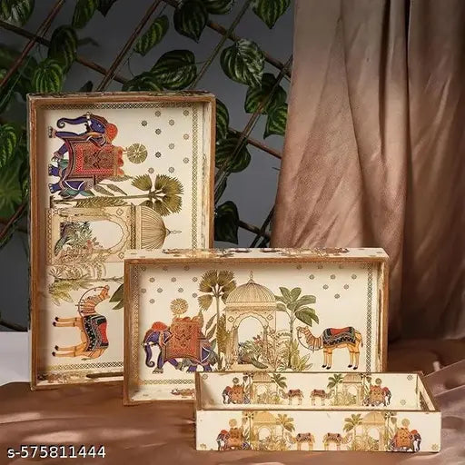 Set of 3 Royal Camel Theme Wooden Serving Trays – Enamel Coated Rectangular Platters with Gold Artwork | Waterproof Decorative Trays for Tea, Snacks, Gifting & Home Use | Sizes: 16x10, 14x8, 12x6 Inches