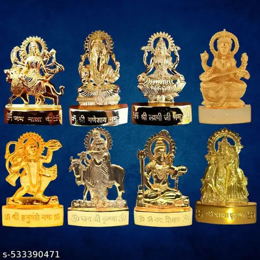 SANSKAARI Combo Set of 8 Beautiful God Idol (Durga ma , Ganesha ji , Lakshmi ma , Saraswati ma , Hanuman ji , Shiv ji , radha krishan ji , kali ma ) metal idol 11cm (gold )