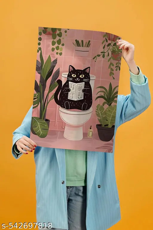 Funny Cat Poster for Wall | Cat Sitting on Toilet Art Poster - for Wall, Living Room, Bedroom, Office, Gym, Home Décor (13×19 inches)