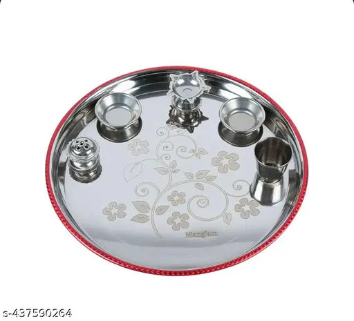 29 cm pooja plate for home and office temple with diya,roli chawal holder, glasi and gheepot