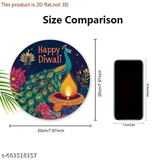 Bellu Diwali Wooden Sign with PeaRooster Pattern - Happy Diwali Round Sign for Yard Door Wall Hanging Decor Ideal Diwali Festival Decoration, Festive Home Decor, Traditional Design, Natural Wood Finish, Cultural Celebrations 8 inch