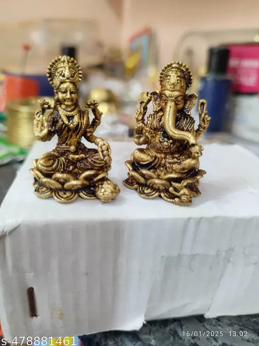 Pure Brass Royal Finishing Lakshmi and Ganesh Pair| Elegant Statues of Brass| Temple Decor (Yellow, 1.2 Inch) poja Room (pack of 2) 100gm