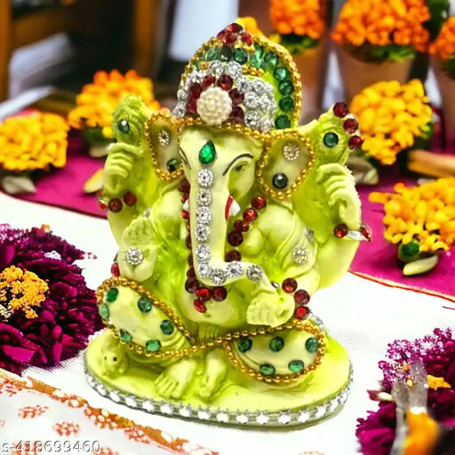 DEVINE Lord Ganesha Idol God with Jewellery, Ganpati/Ganesh JI Handicraft Statue Spiritual Puja Vastu Pooja Gift Item- 4 INCHES (Light Green)