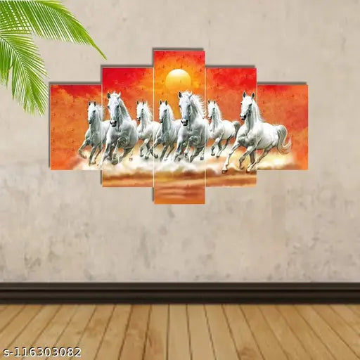 7 Running Horse /Lucky Seven Running Horses/  7 Running Horses Vastu/UV Textured Home Decorated Gift Item 6 MM MDF Painting Painting With Frame/Bedroom, Office, Hotels, Drawing Room Wooden Painting 18 x 30 inch