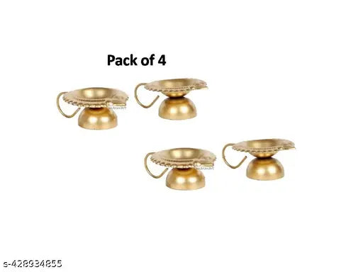 MAX MART Metal Decorative Gold Hath Dia Set of 4 Metallic Hath Diya With Handle For Pooja Set Of 4 | Golden Tealight Holder
