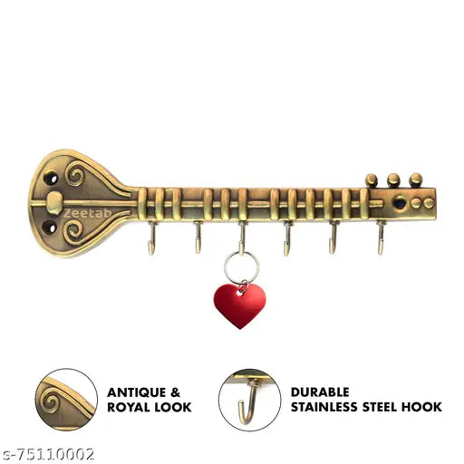 Zeetab Sitar Key Holder with 6 Hook | Veena Royal Brass Key Stand & Antique Guitar Wall Mount Metal Hanger for Music Lover | Home Decor Gift (20x6cm)