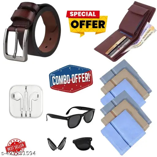 Mens trendy premium combo - Buy one genuine leather belt brown and get One  brown genuine leather wallet , One foldable sunglasses  , 2 pcs cotton handfercolored rumal  AND ONE WIRED HANDFREE FREE !!!!!!!  BUMPER SALE