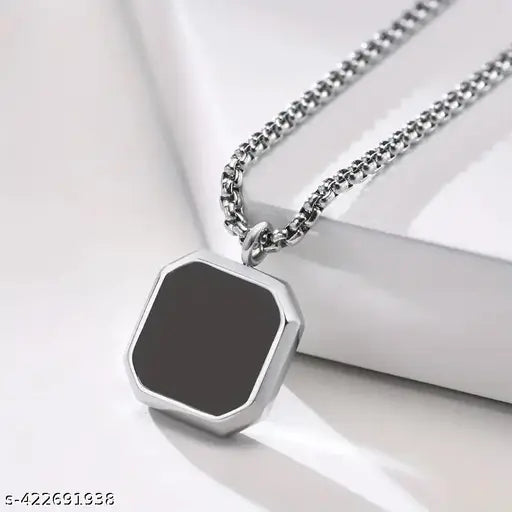 Silver Geometric Octagon  Chain Dripping Glue Black Onyx Stone Pendant Locket Silver Stainless Steel
