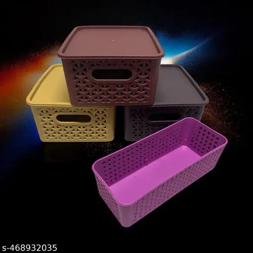 Multipurpose Solitaire Storage Basket with Lid|Side Handles & Wovan Design|Size 25 x 20 x 11 CM|Pack of 4 (Multi)