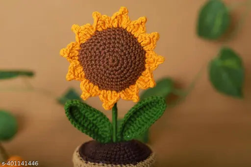 Handmade Crochet Flowers Completed Hand Woven Sunflowers Daisy Knitted Potted Plants Knitted Flower for Car Dash Decoration, Table Decoration, Home Decoration