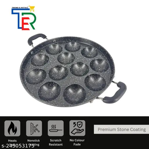 TRENDY 12 Cavities Non Stick Appam Patra with Lid and Side Handle/ kulipaniyaram pan nonstick/ appe/panniyaram kadai/Paniyaram/Appam Pan/Appam Maker/appam kadai/idali Maker/idli Pan kadai/litti maker Paniarakkal with Lid Paniarakkal with Lid 0.5 L capacit