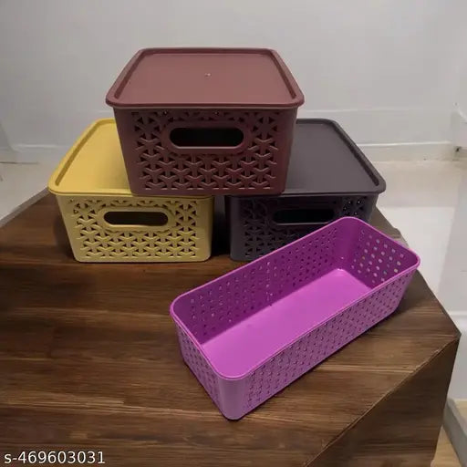 Multipurpose Solitaire Storage Basket with Lid|Side Handles & Wovan Design|Size 25 x 20 x 11 CM|Pack of 4 (Multi)
