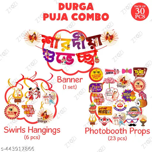 Zyozi® Happy Durga Puja Decorations Combo | BackDrop Decorations Items - Paper Banner, Photo Booth Props & Swirls Hangings | Decorative Items for Durga Puja (Pack Of 30)