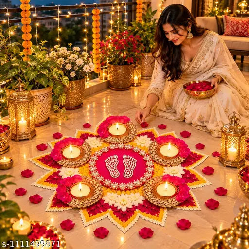 Brass Floral Rangoli with Diyas & Charan Paduka | Diwali Home Decor