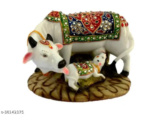 SAUDEEP Trading Good Luck Gift Items Art Handicraftgiftgallery Decorative Marble dust/Polyresin Cow and Calf Showpiece Idols and Figurines, 5x3x3Inch (Export Quality)