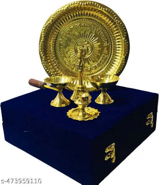 Pooja Thali Set_5 Pcs_Brass_Om & Gayatri Mantra Embossed on Plate (8.5inch)_Decorative Puja Set, Gifts for Diwali, Festivals (with Box)