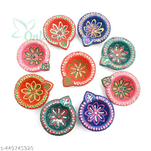 PAck of 12 Pice Unic Design Decorative Clay Diya, Glossy Finish Color Designer Clay Diyafor puja Earthenware (Pack of 12) Table Diya Se
