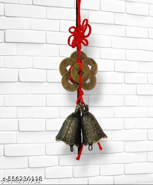 Fengshui Vastu Lucky Brass Hanging 2 Bell Six Coins Main Entrance Door Hanging for Home Office Wealth Prosperity Spiritual Decor