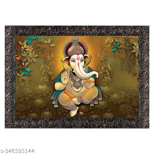 Indianara Lord Ganesha Without Glass Framed Art Print for Room Decor 10 X 13 INCH