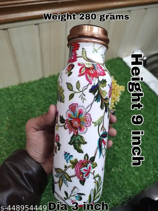 750ml Pure Copper 10'' Water Bottle For Drinking – 34 Oz – Ayurvedic Pure Copper Flower Design Meena Water Bottles For Drinking More Water - Leak Proof Heavy Duty Copper Vessel 100% Leak Proof, For Home, Office, Gym Gift 10 inches