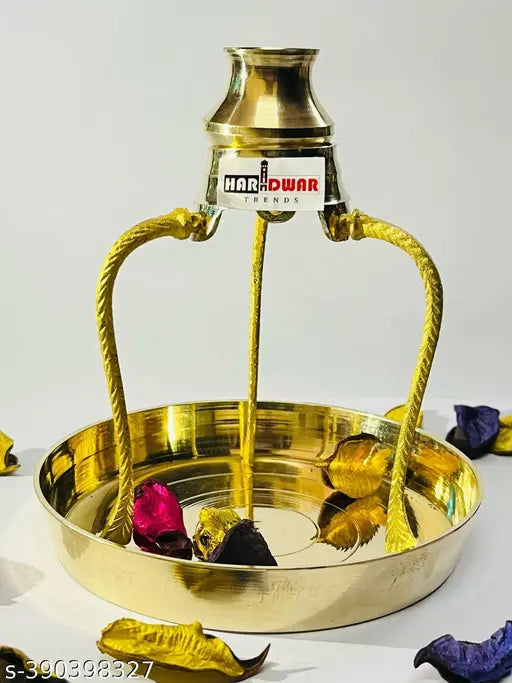 Haridwar Trends | Brass Plate Thali with Shivling Stand / Brass Pooja Plate Thali (12 CM ) / Shivling Stand Without Shivling Brass Lota for Puja Tripai Lota for Jalabhishek of Shivling Puja Articles