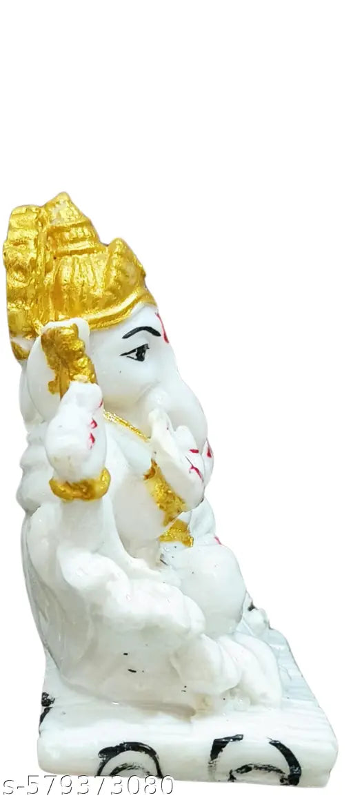 Premium Car Dashboard Ganpati Idol – White Marble Look with Golden Crown   | Lord Ganesha Murti for Ganpati ji Chaturthi, Car Decor & Gifting"