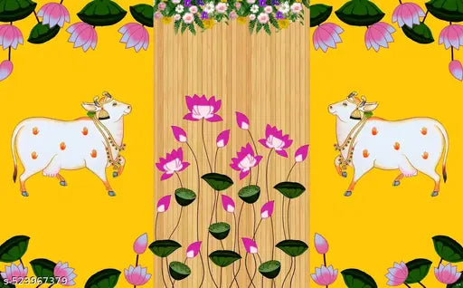 Backdropon Two Cows with Lotus's Flower Design Backdrop Cloth for Pooja Decoration Traditional Background Curtain Cloth for Festival  | PANTHI COLLECTION | (8x5 feet)(96 inch x 60 inch)