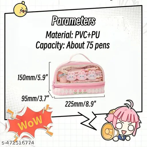 Kawaii Pencil Pouch with Strap Double Layer Pencil Pouch --Cl0ear Waterproof Cute Preppy Pencil Case Pen Bags Holder Storage and Organizer (Purple Friends)