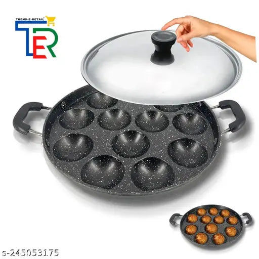 TRENDY 12 Cavities Non Stick Appam Patra with Lid and Side Handle/ kulipaniyaram pan nonstick/ appe/panniyaram kadai/Paniyaram/Appam Pan/Appam Maker/appam kadai/idali Maker/idli Pan kadai/litti maker Paniarakkal with Lid Paniarakkal with Lid 0.5 L capacit